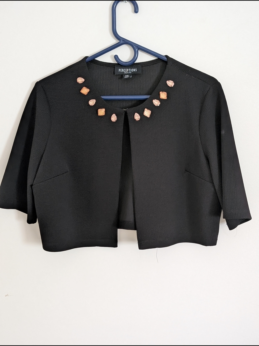 Perceptions Black Short Sleeve Cropped Jacket with Rose-Gold Gems